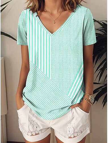  Damen T Shirt Grafik Geometrisch Gestreift Vintage Stilvoll Ethnisch Kurzarm V Ausschnitt Normale Oberteile Täglich Ausgehen Strandbekleidung Druck Rosa Blau Purpur Grün Grau Sommer Frühling