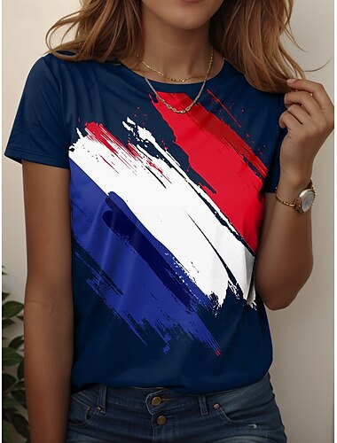  Women's Patriotic  T Shirt Graphic Flag Vintage Casual Short Sleeve Crew Neck Regular Tops Daily Weekend Print White Blue Dusty Blue Summer Spring