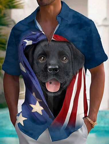  Camisa de manga corta con botones y diseño de cachorro de labrador negro patriótico de Vincent Hie para hombre, Día de la Independencia, con bandera estadounidense, edición limitada de artista.