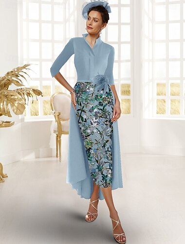  grünes A-Linien-Cocktailkleid mit Stickerei, elegantes formelles Hochzeitskleid, Knöchellänge, 3/4-Ärmel, Stehkragen, wandelbarer Stretch-Krepp mit Schlitz, 2025