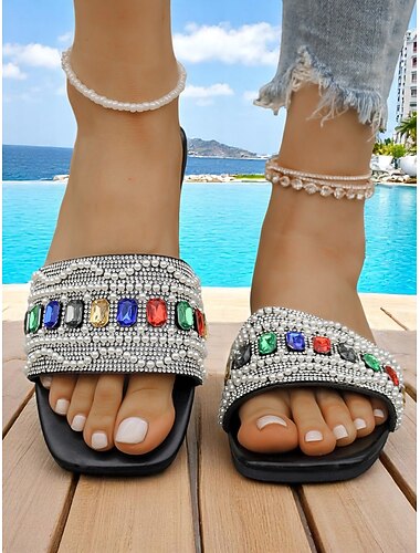  sandálias femininas rasteiras com strass e detalhes em pedras coloridas, calçados de praia glamorosos para passeios casuais de verão e uso na piscina