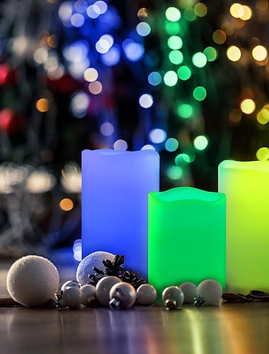  Juego de 3 velas LED multicolores que cambian de color, de cera real, color marfil (4'', 5'', 6''), con control remoto de 18 teclas y temporizador, modo de parpadeo realista sin llama, funciona con