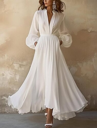  Damen Langes Kleid Maxikleid Weißes Kleid Schwingkleid Mode Outdoor Urlaub Ferien Normale Passform Einfach Langarm V Ausschnitt Weiß Sommer