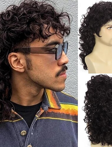  Parrucche Mullet Ricce Marroni per Uomini 80s Lunghi Ricci Hippie Festa Cosplay Costume Parrucca Anime Parrucche di Halloween