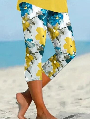  Femmes Pantalon capri Leggings Streetwear Occasionnel Longueur mollet Naturel Fleuri Imprimé Confortable Extérieur Extérieur Vacances Décontracté Quotidien Jaune Bleu Été Coupe régulière