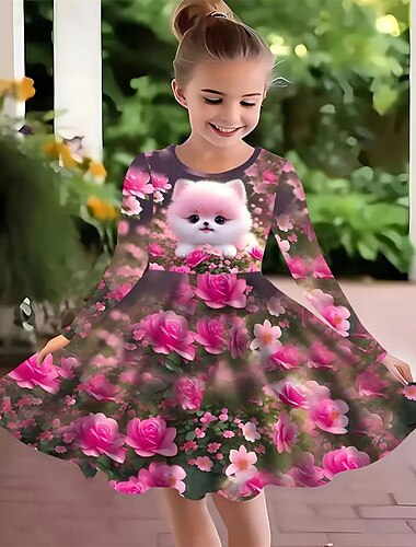  Meninas 3D Floral Cachorro Vestido Manga Longa Verão Primavera Férias Diário Feriado Princesa Lindo Doce Infantil 4-12 anos Vestido casual Vestido A Line Altura dos Joelhos Normal