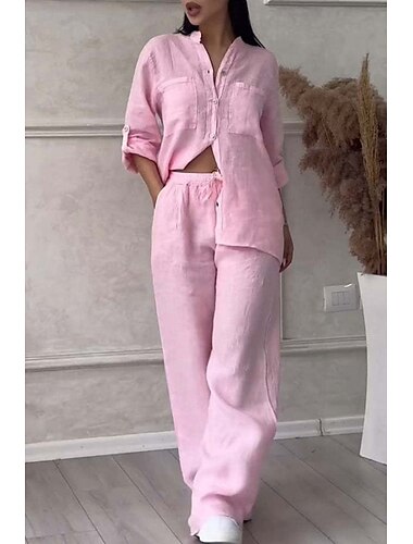  Femmes Actif Basique Ensembles en coton et lin manche longue Col de chemise Couleur Unie Décontracté Quotidien Noir Blanche Jaune Été Coupe régulière