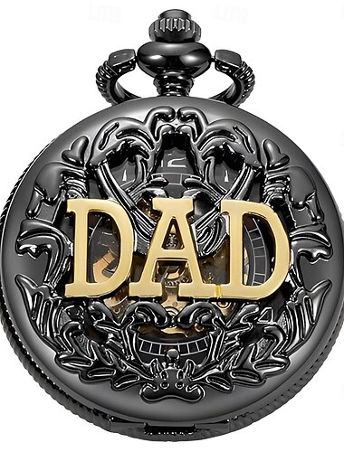  schwarze gravierte mechanische Taschenuhr für Papa, Vintage-Skelett-Design mit Kette, Geschenk für Vater, klassische Uhr