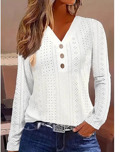  Damebluse Solid Farge Vintage Tropisk Stilfull Langermet V-hals Vanlige Topp Daglige Knapper Øyelet Hvit Gul Rosa Blå Prefall