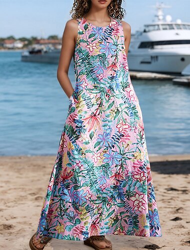  Damen Maxikleid A Linie Kleid Sommerkleid Boho Täglich Ferien Normale Passform Blumen Farbblock Ärmellos Rundhalsausschnitt Himmelblau Fuchsie Grün Sommer