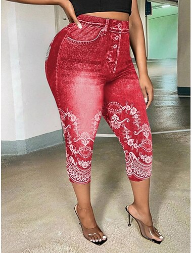  Damen Leggings Capri Hosen 3D Druck Chinos Urlaub Vintage Freizeit Knielang Hohe Taille Blumen Druck Bequem Weich Komfortabel Dehnbar Outdoor Straße Schwarz Rot Dunkelblau Sommer Slim Fit