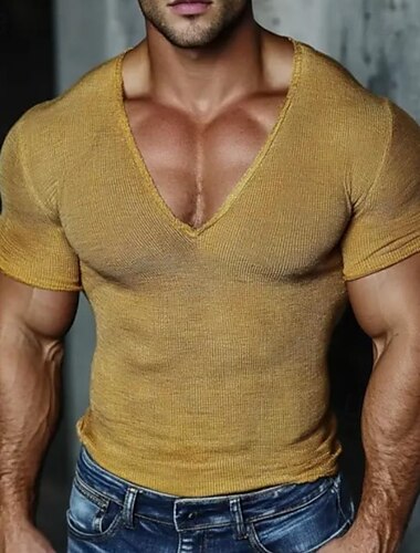  Hombre Camiseta Camiseta de punto Camiseta superior Manga Corta Escote en Pico Verano Color sólido Moda Design Básico De Punto Vacaciones Calle Casual Amarillo Beige Azul Claro Camiseta superior para