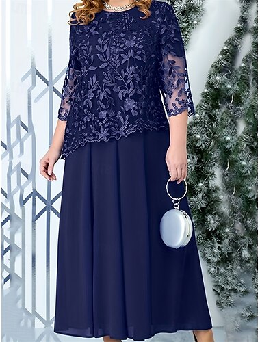  A-Linje Plus Size Klänning Mor till Bruden Kurva Klänning Elegant Crew Neck Ankellängd Spets 3/4 Längd Ärmar med Enfärgad 2025