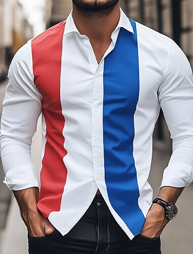  Dia da Bastilha Homens Patriótico Bandeira francesa Camisa Social Camisa havaiana camisa de botão Manga Longa Havaiana Ao ar livre Feriado Verão Primavera Aberto para a Lateral Impressão 3D Camisa