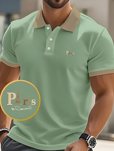  Herr Text Eiffeltornet Polo Kortärmad Polotröjor Skjortor med krage Business Casual Skola Fritids- Dagliga kläder 3D-utskrift Sommar Svart Rodnande Rosa Marinblå