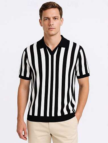  رجالي بولو ستايل عمل فضفاض طوي كم قصير شبكة شرائط عمودية V-neck ناعم الصيف الربيع الخريف كستنائي أخضر رمادي أسود دارك كوفي بولو ستايل