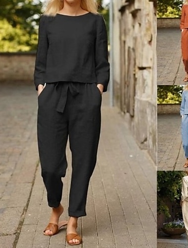  Femmes Mode Streetwear Ensembles en coton et lin Ensembles deux pièces T-shirt Pantalons en Lin Pantalons manche longue Col rond Uni Cordon de serrage Tenue quotidienne Date Noir Bleu Ciel Orange
