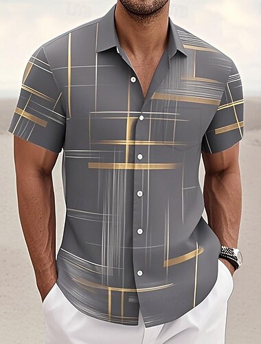  Herren Geometrisch Farbverlauf Linie Hemd Sommerhemd Knopfhemd Kurzarm Modisch lässig Outdoor Urlaub Alltagskleidung Sommer Frühling Umlegekragen 3D-Druck Hemden mit Kragen Eine Tasche vorne Schwarz