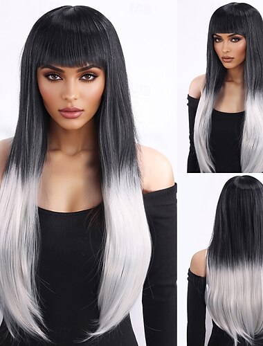  Synthetische Perücken Kinky Glatt Natürlich glatt Stufenschnitt Mit Pony Maschinell hergestellt Perücke 28 Zoll A1 Synthetische Haare Damen Klassisch Bequem Farbverläufe Schwarz Weiß