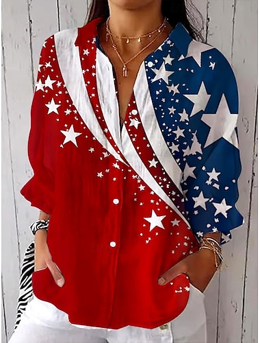  Día de la Independencia Camiseta Patriótica de Mujer Cuarto de Julio Camisa Gráfica Bandera USA Vintage Tropical Diario Manga Larga Camisa Con Cuello Top Regular Trabajo Diario Botones Print Rojo