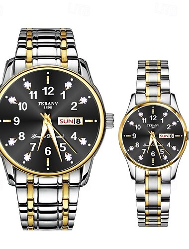  2-Piece Couple Quartz Watch Set – Round Digital Dial, IPX7 Waterproof, Luminous Hands, Dual Calendar (Date & Day), Alloy Band, Unisex Business Style, Ideal for Dating & Valentine's Day Gifts