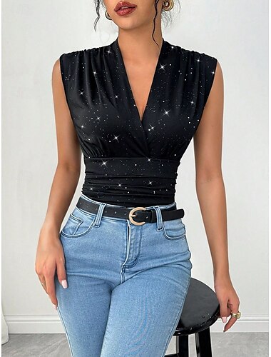  Damen Camisole-Tanktop Einfarbig Täglich Lässig Ärmellos V Ausschnitt Normale Oberteile Täglich Ausgehen Pailletten Schwarz Sommer
