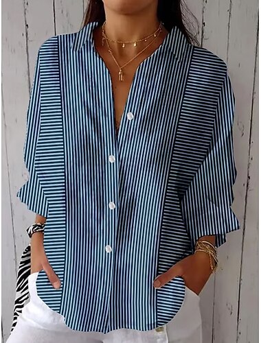  Camicia da donna tunica con colletto a bottoni maniche lunghe grafica a righe vintage tropicale top regolari lavoro stampa giornaliera blu khaki grigio primavera