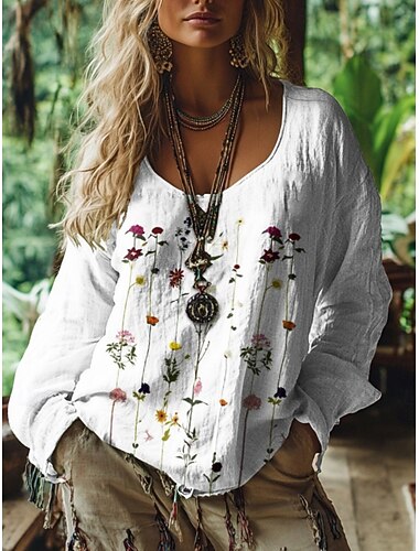  kvinnors westernblus bohemisk skjortblus blommig modern casual långärmad v-ringad normal toppar daglig helgdag utekväll tryck vit rosa blå sommar höst