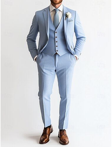  Costumes de mariage en lin pour hommes bleu ciel mode d'été formel couleur unie coupe standard 3 pièces simple boutonnage deux boutons