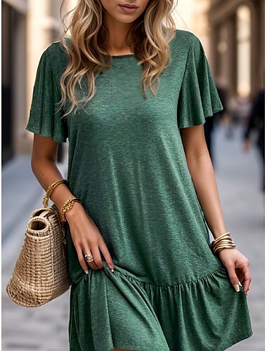  Damen Minikleid T-Shirt-Kleid Lässig Täglich Normale Passform Grafik Kurzarm Rundhalsausschnitt Dunkelgrün Sommer