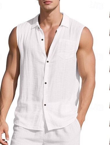  Voor heren Overhemd Linnen overhemd Zomer overhemd Strand Kleding Mouwloos shirt Effen Kleur Vakantie Straat Zwart Wit Marineblauw Hemelsblauw Mouwloos Overhemdkraag Zomer Lente Kleding Zak