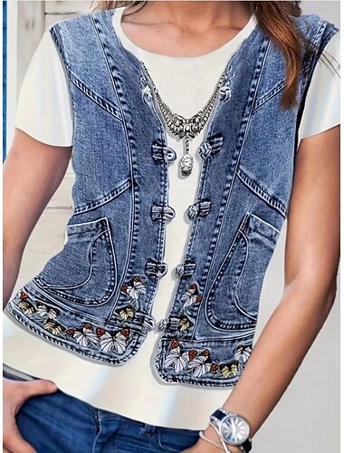  Dames T-shirt Grafisch Bohemen Vintage Stijlvol Korte mouw Strakke ronde hals Normale tops Dagelijks Uitgaan Weekend Afdrukken blauw Zomer Lente
