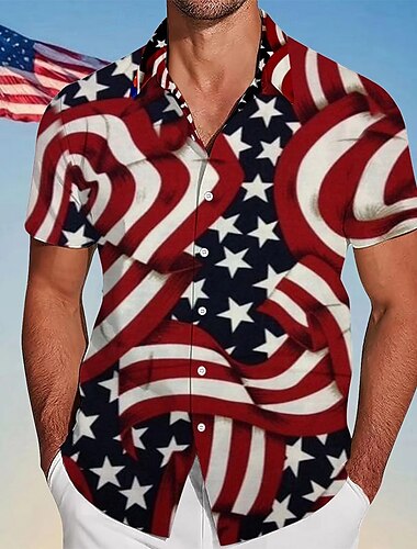  Tag der Unabhängigkeit Herren Amerikanische US-Flagge Patriotisch Vierter Juli Hemd Sommerhemd Knopfhemd Kurzarm Modisch lässig Outdoor Ferien Sommer Frühling Umlegekragen 3D-Druck Hemden mit Kragen