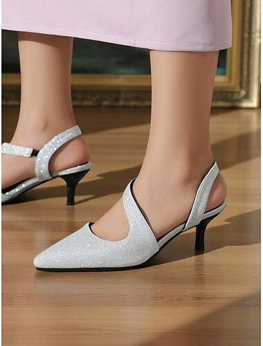  Glitzernde Slingback-Pumps mit spitzer Spitze und Cutout-Riemen für Damen – elegante, funkelnde Kitten Heels für legere Verabredungen und Abendoutfits