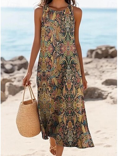  Dames Maxi-jurk A lijn jurk Off-the-shoulder jurk Vakantie Casual Boho Uitgaan Standaard pasvorm Bloemig Grafisch Paisley Mouwloos U-hals Bruin Donkergrijs Zomer Lente