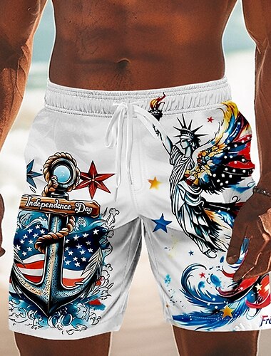  Tag der Unabhängigkeit Herren US Flagge Patriotisch Vierter Juli Badehosen Badeshorts Boardshorts Mittlere Taille Hawaiianisch Strandurlaub Seitentaschen Netzfutter Elastischer Kordelzug in der Taille