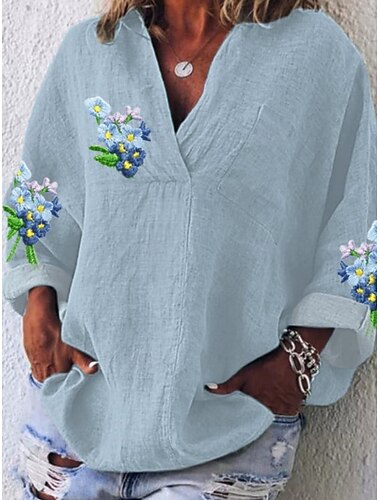  Damen Hemd Blumen Basic Lässig Langarm V Ausschnitt Normale Oberteile Täglich Druck Weiß Blau Purpur Violett Sommer
