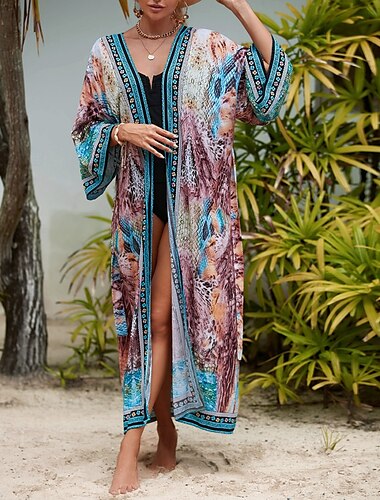  Femmes Maillots de Bain Vêtement couvrant Maillot de bain Nœud devant Tenues de plage Boho Fleur Col en V manche longue Maillots de bain