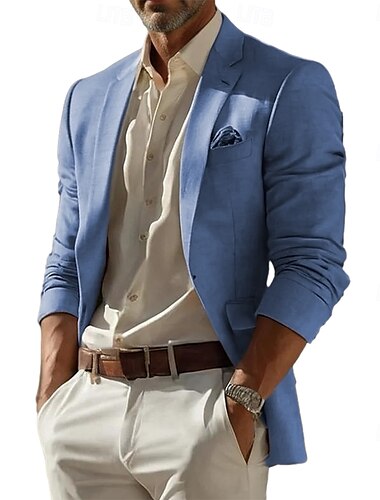  Hombre Chaqueta de lino Chaqueta deportiva Moda Casual Color sólido Blazer Azul cielo Azul cielo Gris Oscuro Estándar Recto 1 botón