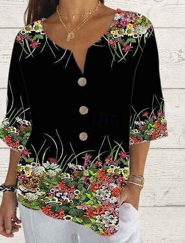  Mulheres Camisa Social Tops de verão Gráfico Clássico Casual Manga 3/4 Decote V Tops regulares Diário Final de semana Imprimir Preto Verão Primavera Outono
