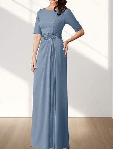  A-Linie Brautmutterkleid Hochzeitsgast Elegant Rundhalsausschnitt Bodenlang Chiffon Stretchstoff Halbarm mit Applikationen Raffung 2025