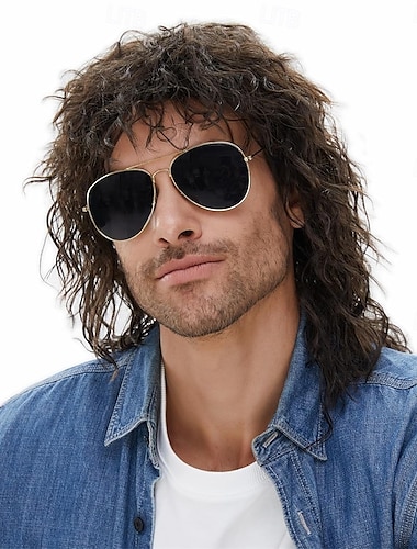  Mullet 70er 80er Perücke mit Pony dunkelbraunes langes Disco-Haar lockige Männerperücke für Männer Hippie Rocker 80er Themenparty Cosplay Kostüm Anime hitzebeständige synthetische Haare 70er Perücke