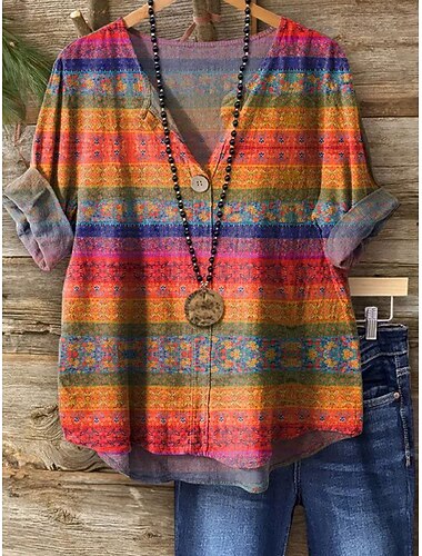  Blusa da donna manica lunga collo a V grafica floreale vintage tropicale hawaiano top regolari abbigliamento da vacanza stampa blu arancione verde estate primavera