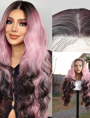  Syntetická krajková paruka Vlnité Styl 30 inch Růžová Střední část 13x4 krajka vpředu Paruka Dámské Paruka Pink + červená