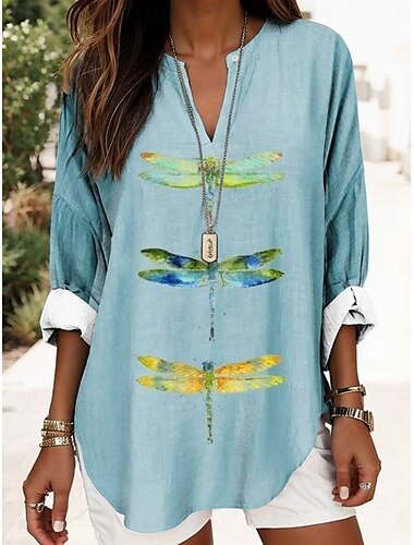  Damen Hemd Grafik Tiermotiv Vintage Tropisch Hawaiianisch Langarm V Ausschnitt Normale Oberteile Täglich Ferien Strandbekleidung Druck Weiß Blau Purpur Grün Leicht Blau Sommer Frühling