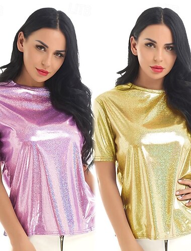  Rétro Vintage Années 1980 Rave T-shirt Disco Latex brillant verni Métallique Femmes Fierté Halloween Carnaval Festival de Musique Défilé de la Fierté Mois des Fiertés Adultes T-shirt Été
