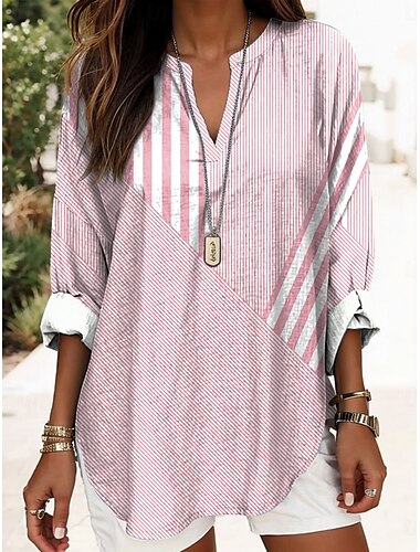  Damen Bluse Grafik Gestreift Elegant Stilvoll Langarm V Ausschnitt Normale Oberteile Täglich Ferien Druck Rosa Blau Grün Sommer Frühling
