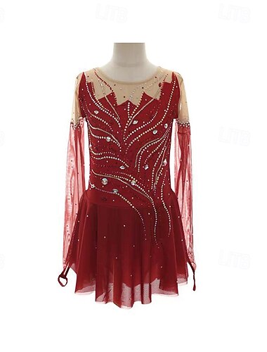  Eiskunstlaufkleid Damen Mädchen Eislaufen Kleid Burgund Patchwork Daumenloch Netzstoff Spandex Dehnbar Training Übung Professionell Eiskunstlaufkleidung Thermowarm Kristall / Strass Langarm Eislaufen