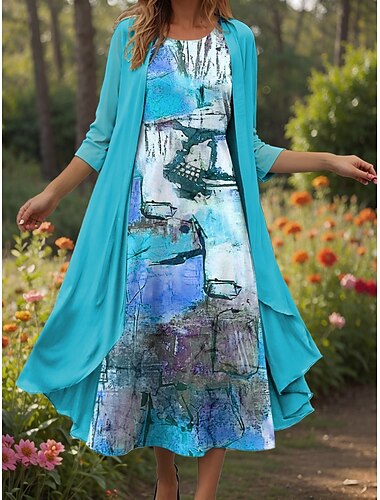  Damen Kleid-Set Shiftkleid Sommerkleid Lässig Grafik Abstrakt Druck Midikleid Dreiviertelarm Rundhalsausschnitt Täglich Blau Purpur Orange Sommer Frühling Normale Passform