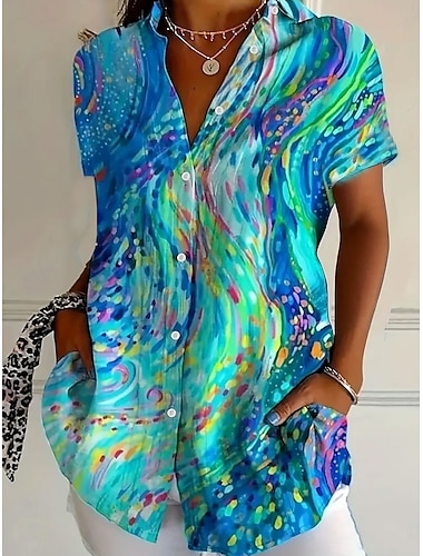  Femmes Chemise Fleuri Graphique Dégradé de couleur Quotidien Occasionnel Manche Courte Col de chemise Hauts Réguliers Quotidien Jaune Bleu Vert Été